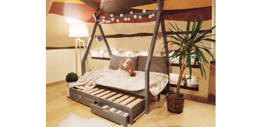 Łóżko domek drewniane dla dzieci z szufladami i drugim spaniem TIPI naturalne