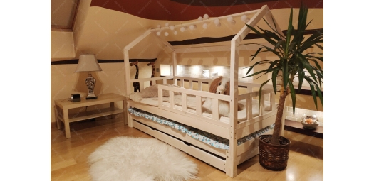 Łóżko domek Bella z Barierkami, Szufladą i drugim spaniem